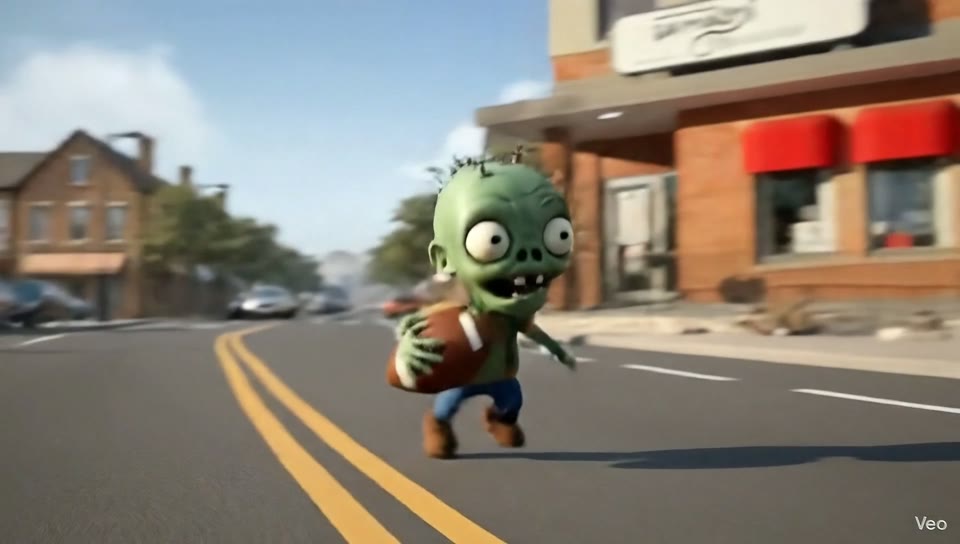 A little cartoon zombie carrying a football down the street